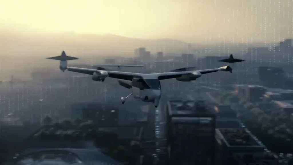 An eVTOL flies through a city.