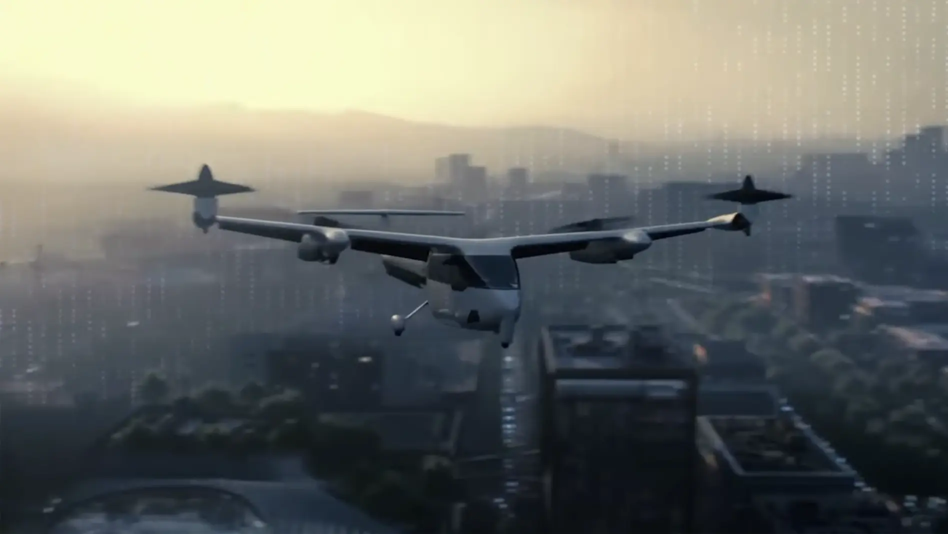 An eVTOL flies through a city.