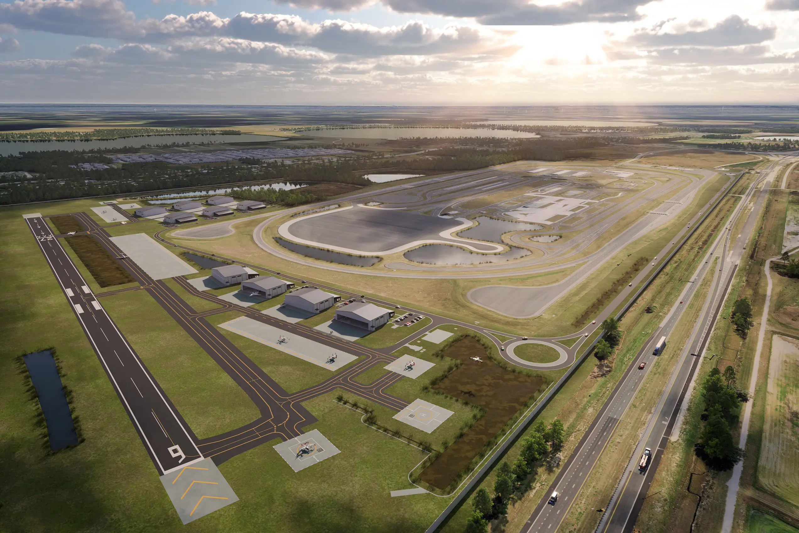 SunTrax Air facility with multiple vertiports, hangers, runways and test aprons in view.