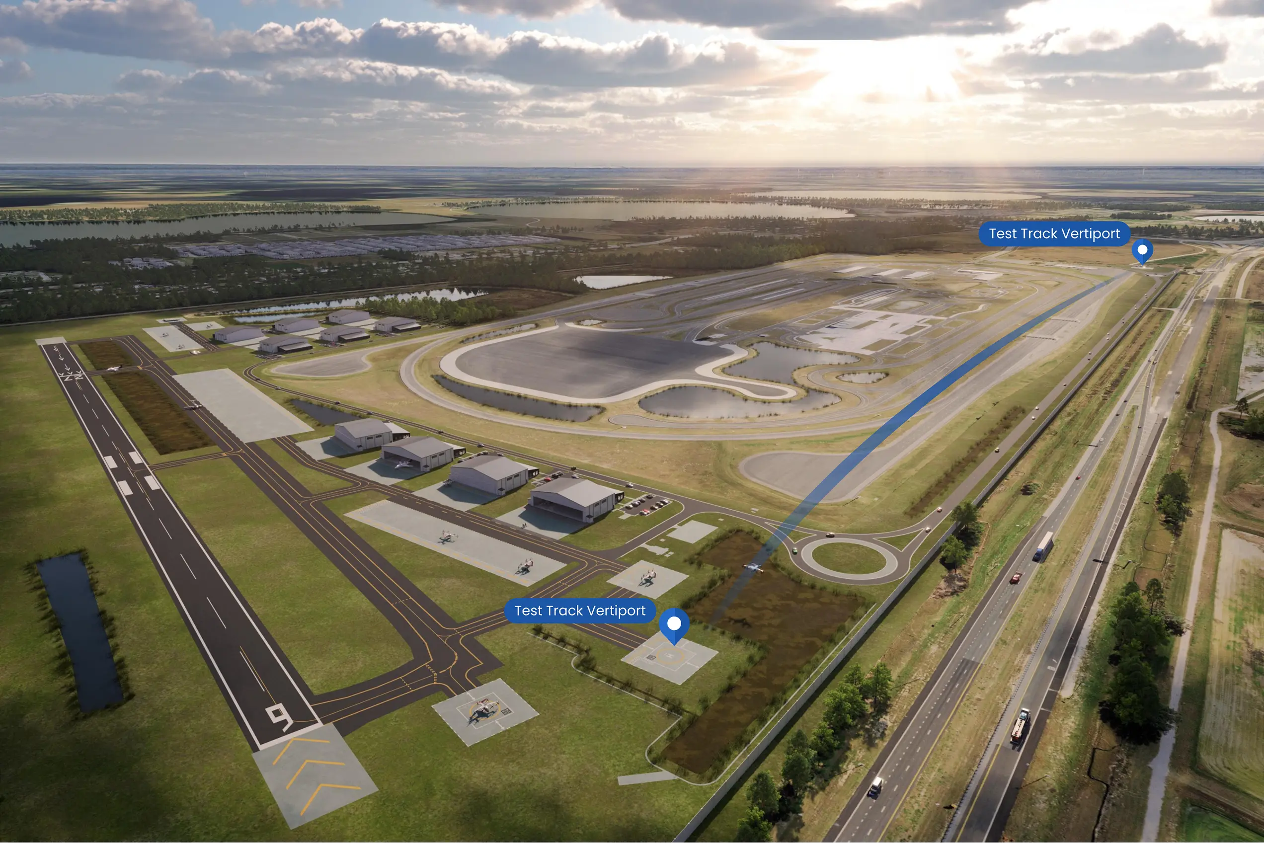 SunTrax Air facility with multiple vertiports, hangers, runways and test aprons in view.