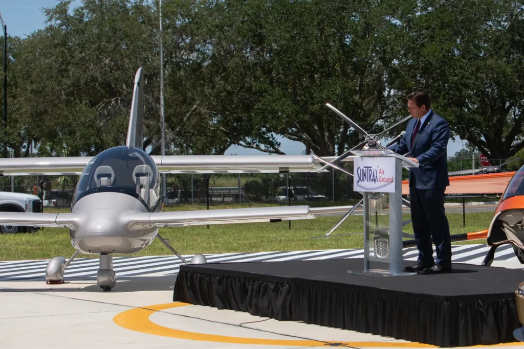 Florida Governor Ron DeSantis speak at a SunTrax Air Ground event.